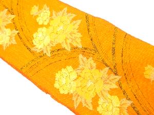 手織り真綿紬　牡丹模様織り出し　名古屋帯